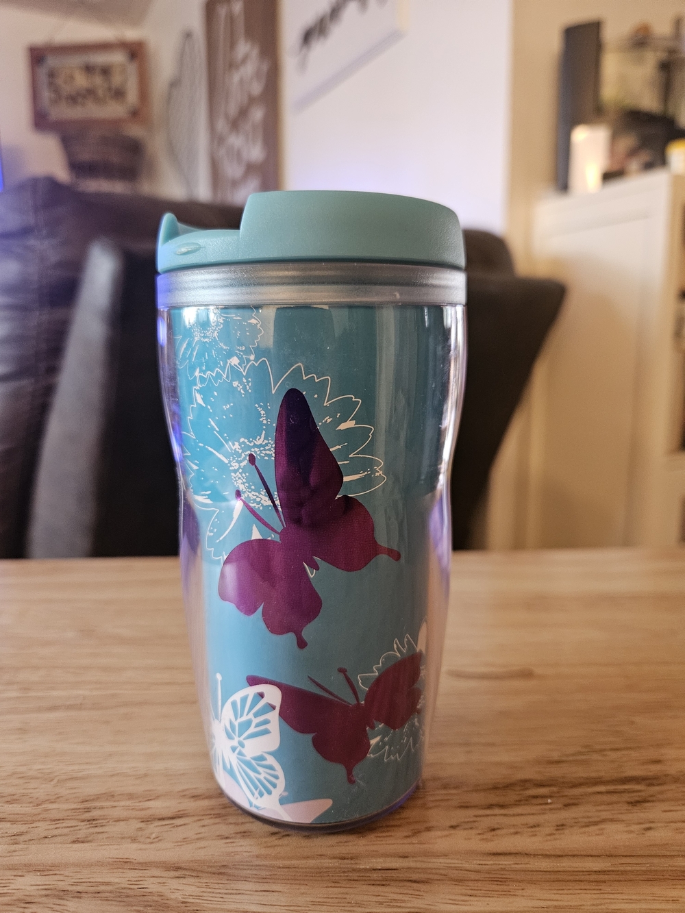 Starbucks Turquoise Travel Tumbler with Purple Butterfly Accents
